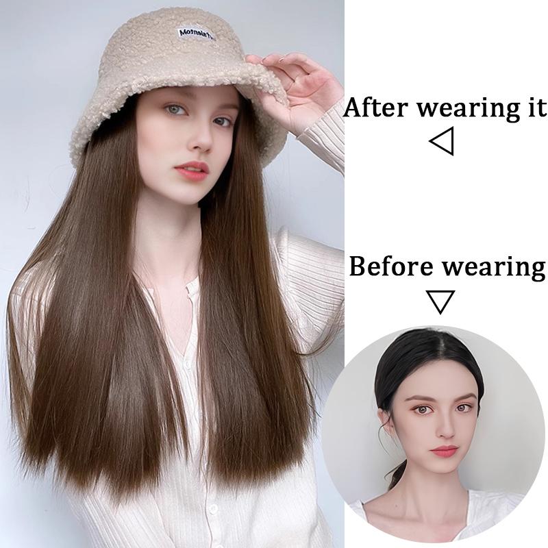 Fashion Hat Wig Lamb Hair Fisherman's Hat Long Straight Wig Female Synthetic Wig Autumn/Winter Halloween Party Christmas Gift