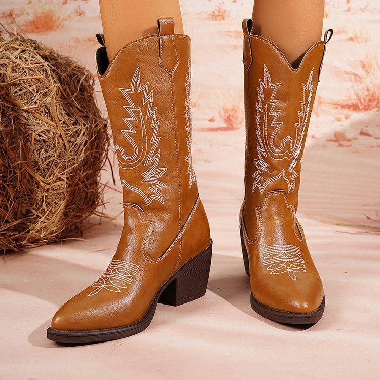 

Вышивка с крупным принтом, средняя труба, европейский и американский стиль, рыцарские ботинки, осенние новые модели, но до колена и женские ботинки 43 коричневый