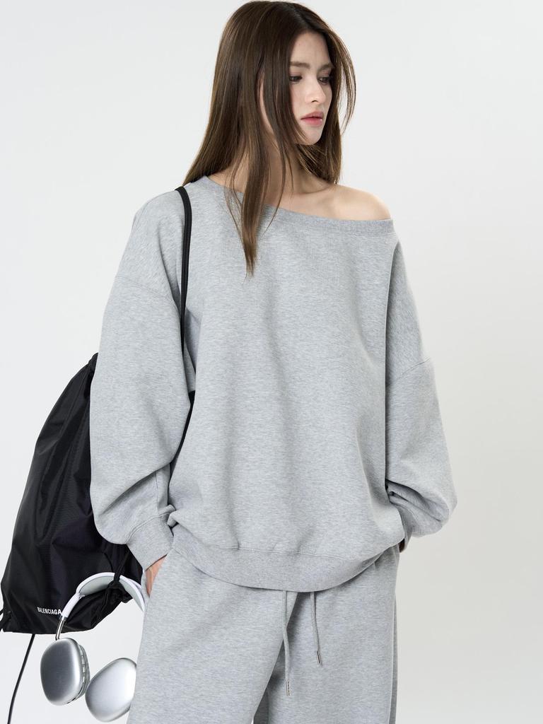 Louvre Spring Korean Athflow One-Shoulder Relaxed Sweatshirt for Women
