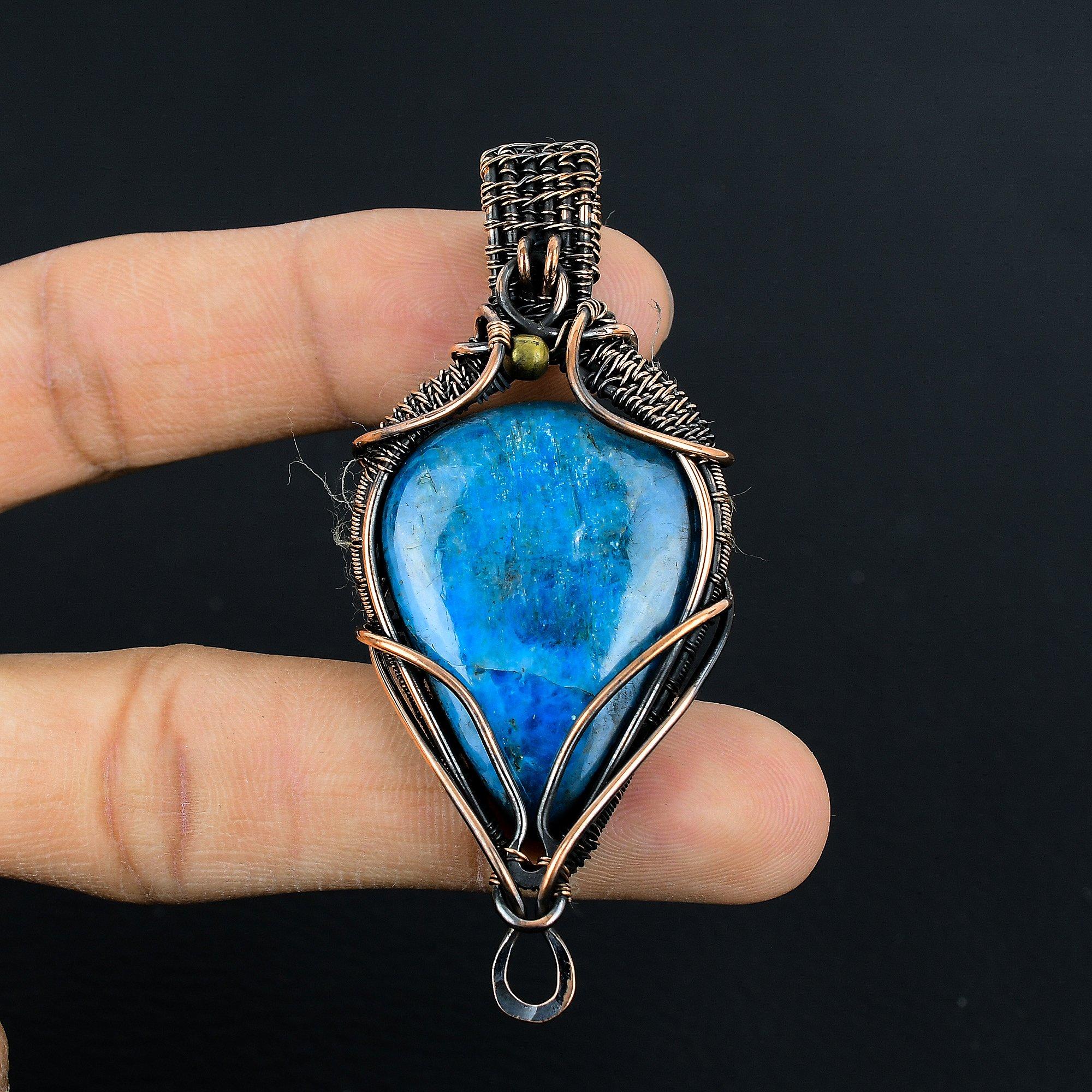 

Neon Blue Apatite Pendant, 999 Copper Wire Wrapped Gemstone Jewelry, Handmade Pendant, For Mother Day 2.55 Inches
