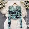 Koreansk Tie-Dye Nät Långärmad T-shirt för Kvinnor - Sommar Veckad Dragsko Design, Mångsidig Mode Topp