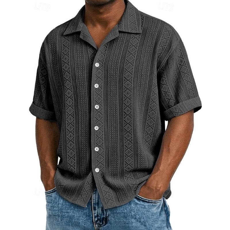 Men's Shirt Texture Button Down Shirt Jacquard Shirt Black White Light Green Navy Blue Purple Short Sleeve