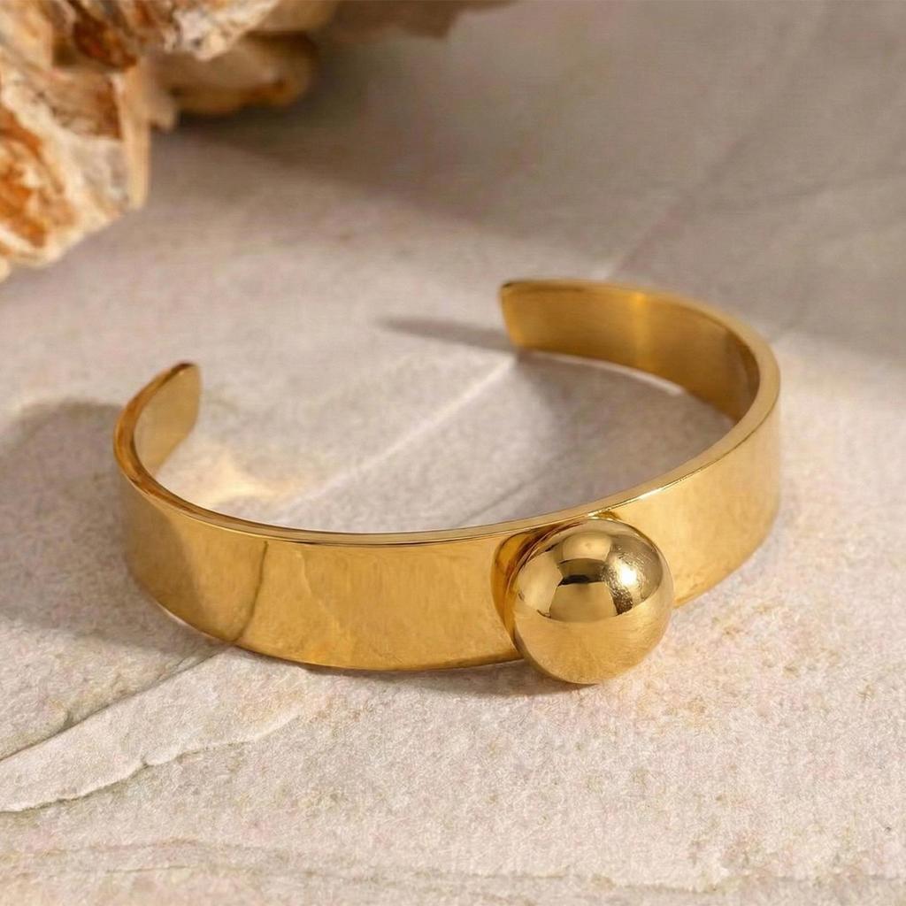 18K Gold Plated Wide Band Open Cuff Bracelet with Exaggerated Round Ball Design