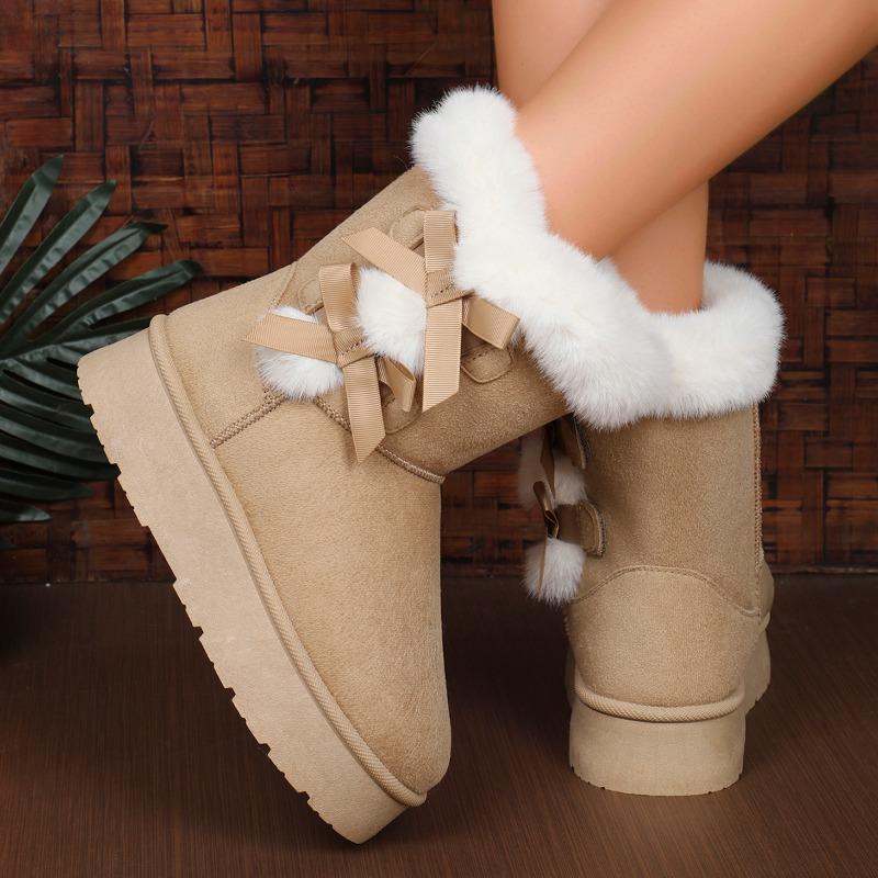 Fashion Winter Mid-calf Boots 2024 New Women's Velvet Thick Sole Anti-slip Bow Women's Boots Retro Solid Color Women's Snow Boots