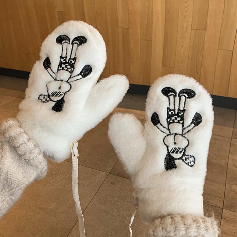 Cute Plush Gloves for Women In Autumn and Winter Korean Version Ins Warm Plus Velvet Halter White Mittens Outdoor Cycling Students