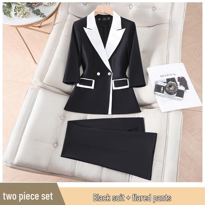 Women's Elegant White Suit Set: Color Block Jacket & Flare Pants