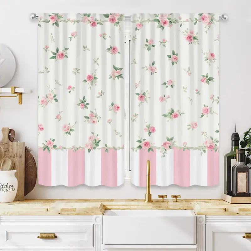 2pcs Floral Elegant Curtains Light Filtering Rod Pocket Living Room Bedroom Decor Pink Rose Pattern Window Treatment