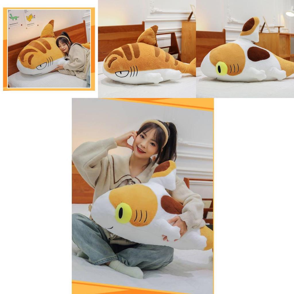 Adorable Orange Shark Cat Plush Toy Fluffy Ocean Animal Long Pillow For Sleep
