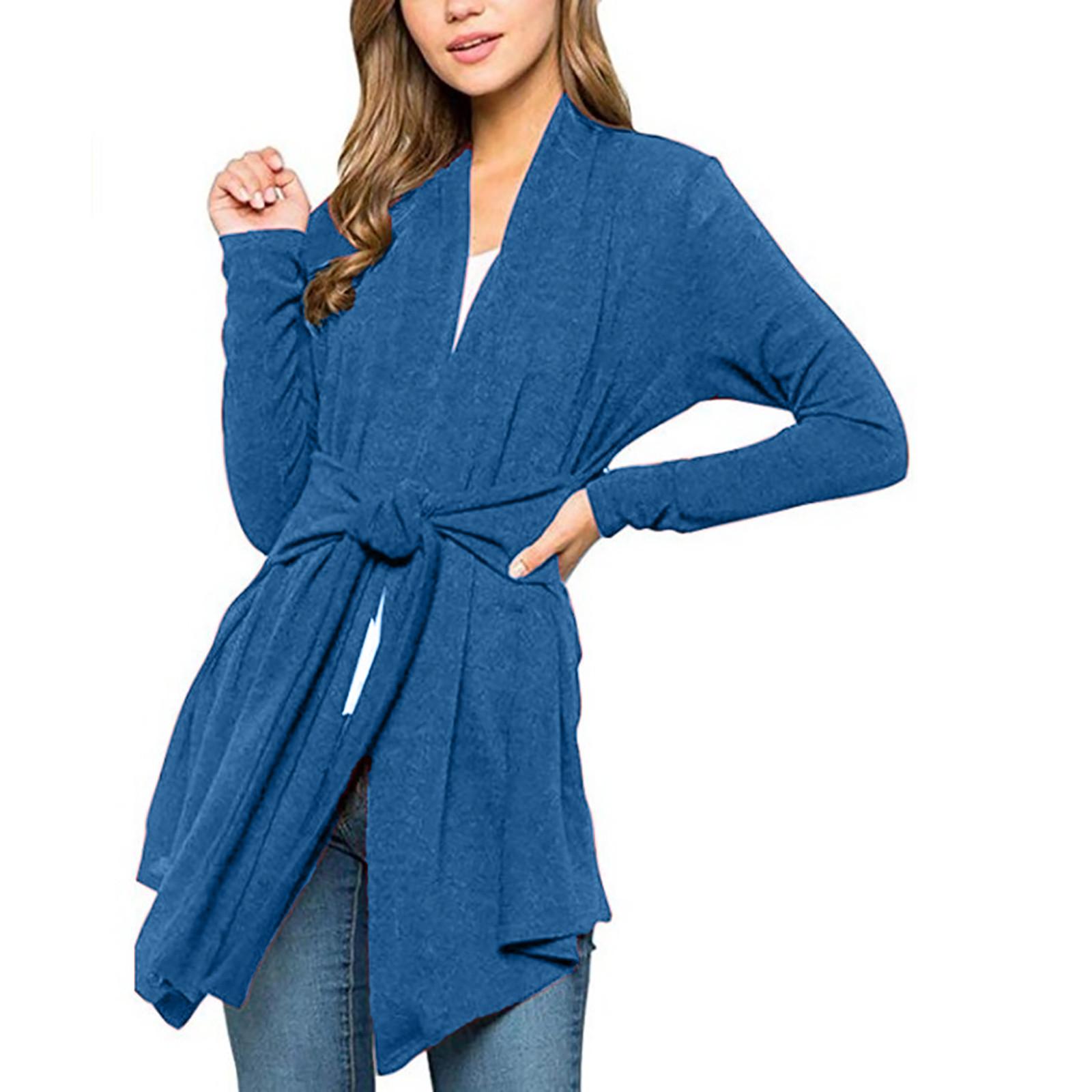 

Women s Fasion Casual Loose Cardigan Solid Color Belt Long-Sleeves Cardigan M синій