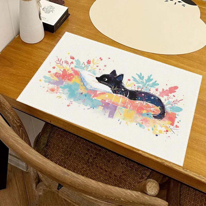 1PC Cartoon Black Cat Print Placemat Dining Table Decor Linen Tableware Coaster Set Kitchen Accessories For Kids Birthday Party