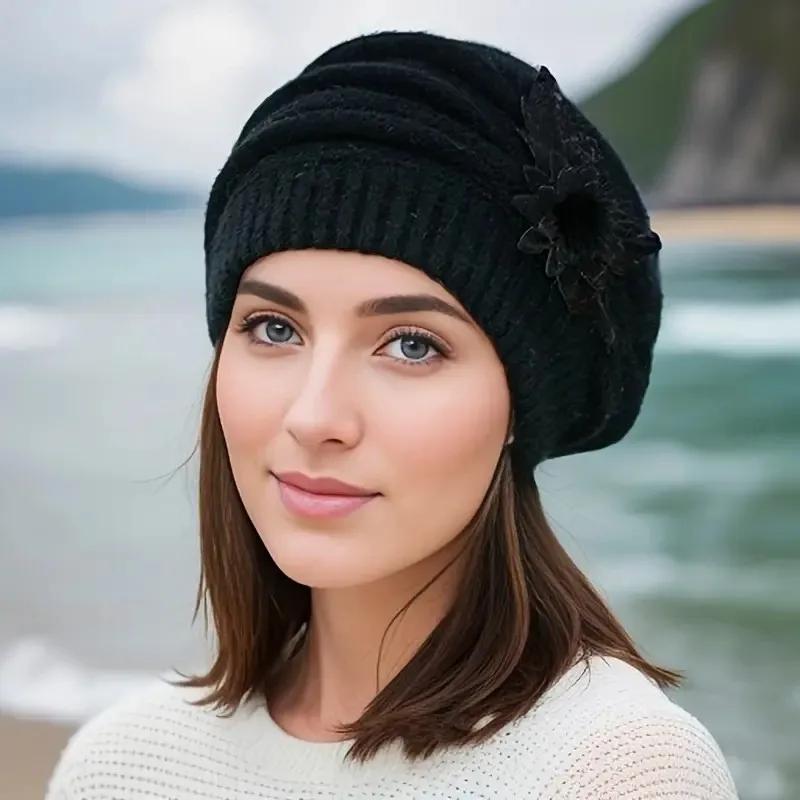 Hat Women's Winter Flower Hat Thick Beret Warm Knitted Wool Hat Autumn Winter Mom Hat for Mom Mother Gifts Grandmother Gift