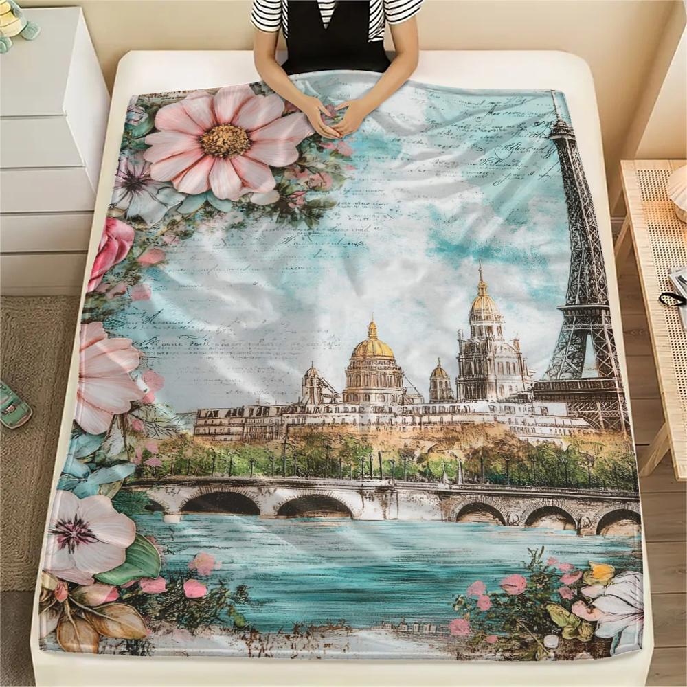 1Pc Eiffel Tower Art Print Flannel Blanket, High quality Comfortable for All Seasons, Home Decor, Warmth and Comfort, Perfect for Gifts