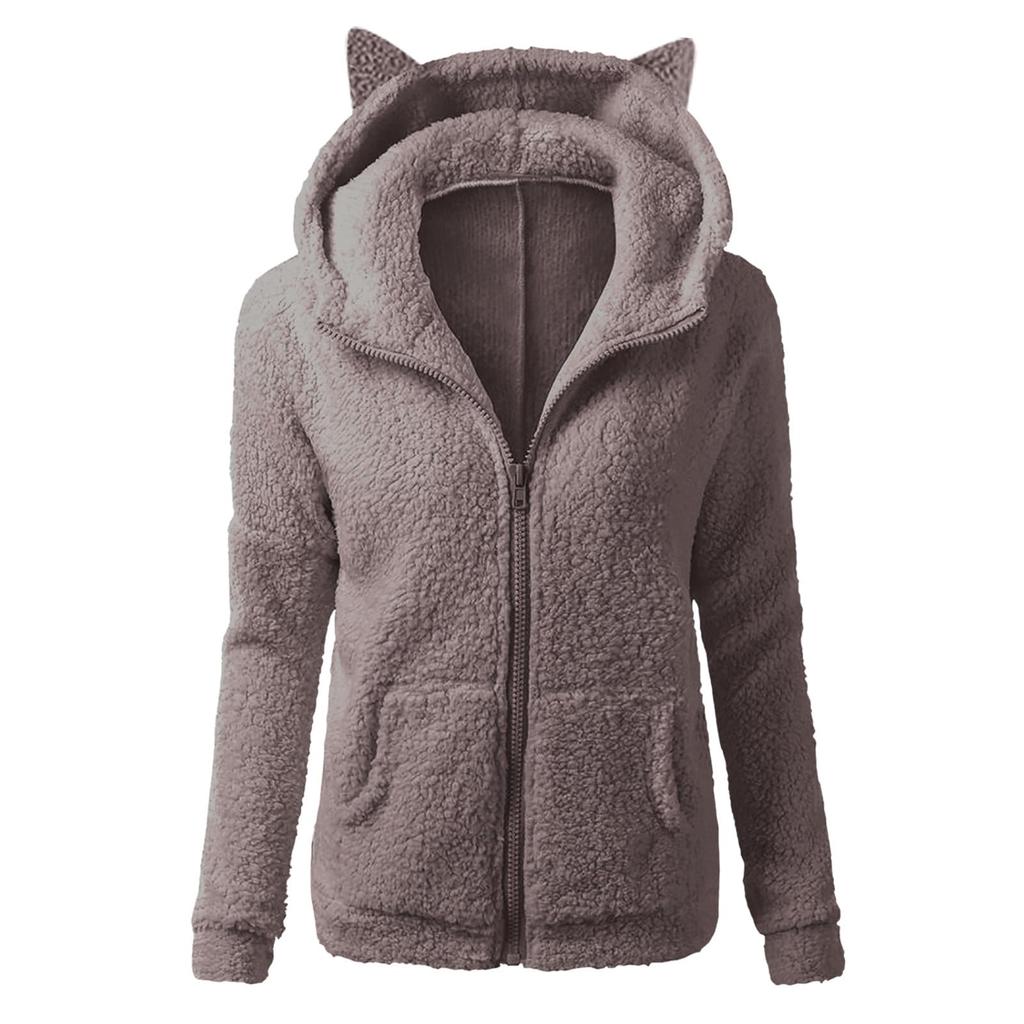 Women's Fashion Solid Color Sweatshirt Loose Hooded Fleece Zipper Jacket Top