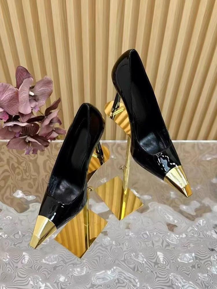 

Сандалии высокой версии 2025 новые сандалии с квадратным носком женские с металлическим носком туфли-лодочки женские черные лакированные туфли на высоком каблуке женские 40