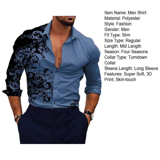 Men Shirt Gradient 3D Printed Long Sleeve Turndown Collar Slim Fit Temperament Button Down Shirt Men Clothing