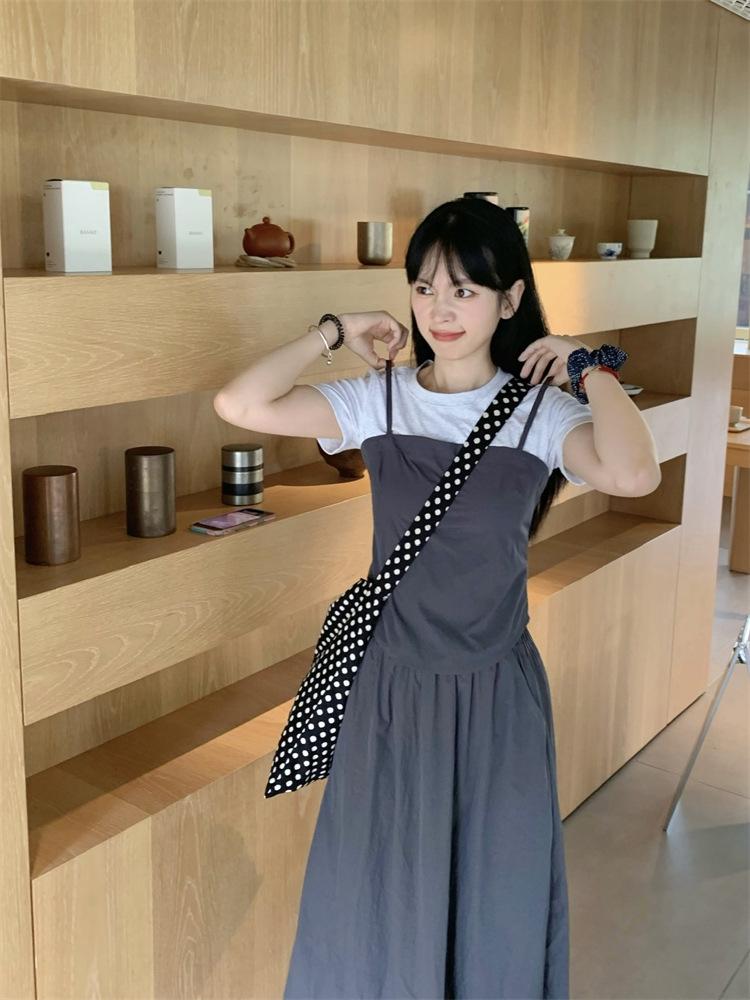 Women's 2024 Summer Sweet Color Block Short Sleeve High Waist Midi Dress Set