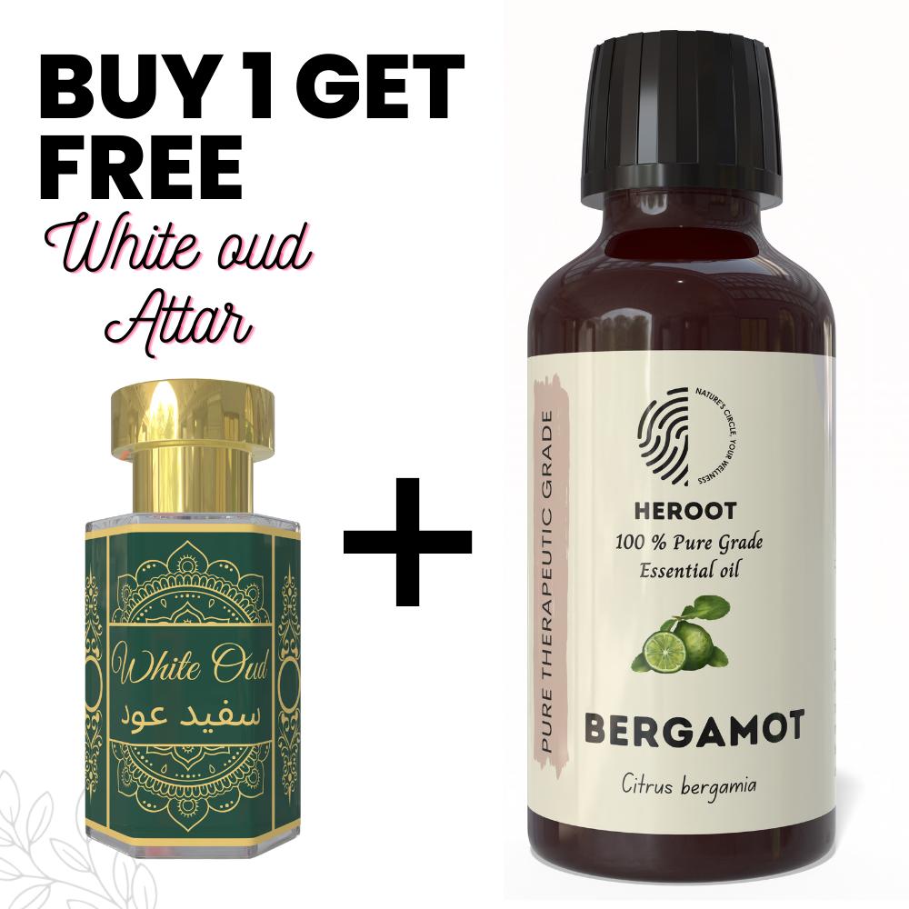 Bergamot Essential Oil 10ml for Aromatherapy & Home Fragrance with Free 6 Ml Attar – Aqua AQ, Dubai Oud, Aura, White Oud