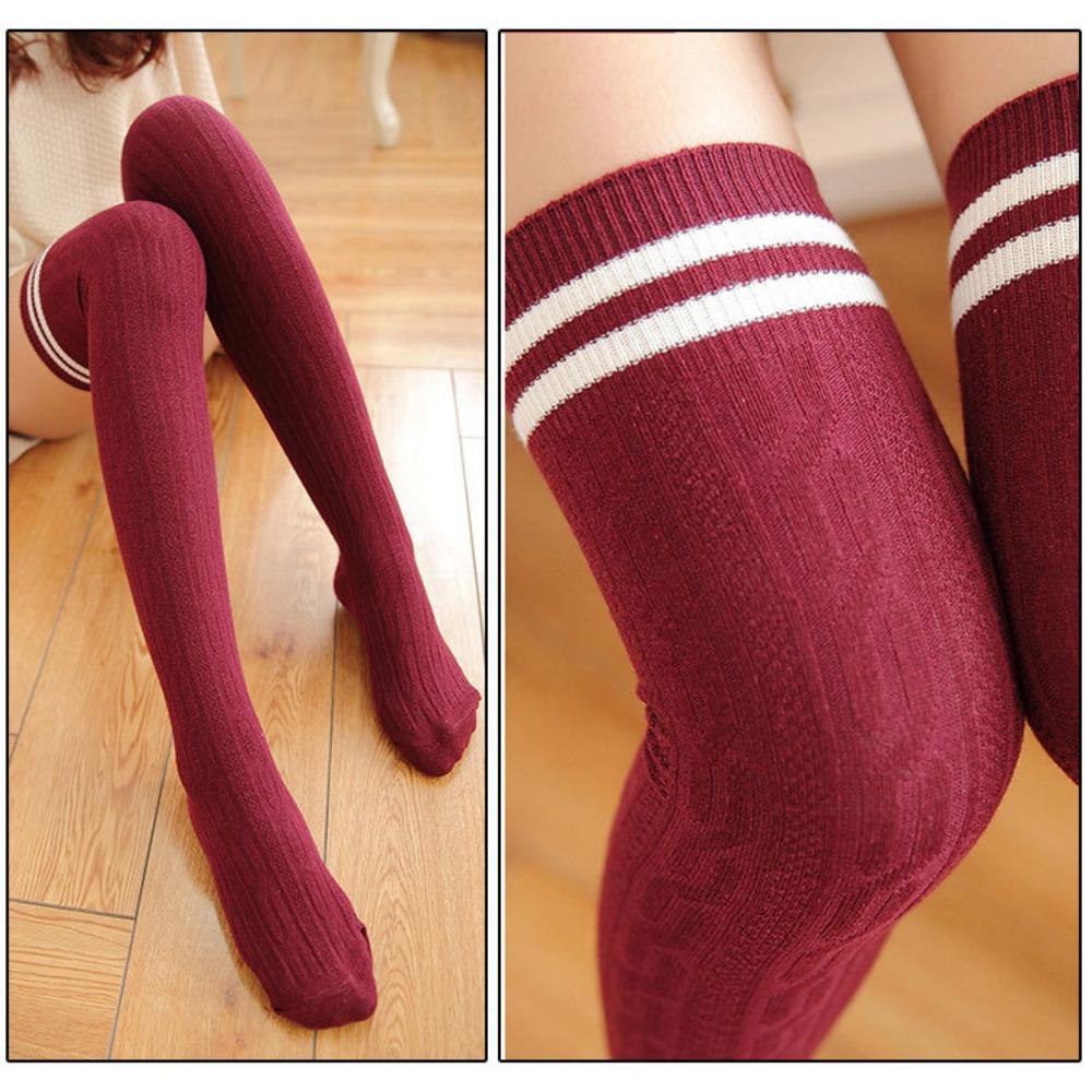 2019 College Style Stockings, Women's Two Bar Twists, Stacking Socks, Japanese and Korean Striped Stockings Over Knee Socks