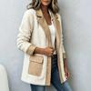 Dámská podzimní a zimní teplá bunda PU kůže Patchwork Vlněný kabát z jehněčí vlny Volná S knoflíky Dlouhý rukáv Ležérní Střední délka Vrchní oblečení