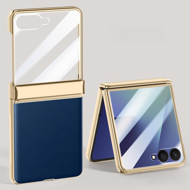 Electroplated Skin Friendly Leather Phone Case for Samsung Galaxy Z Flip 7 6 5 Tempered Film Shockproof Plating Fold Hinge Cover