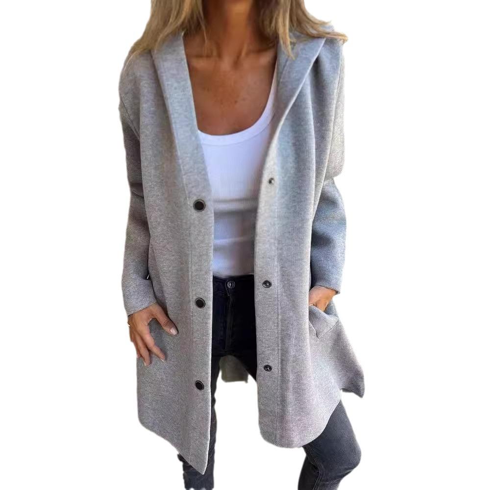 2024 Autumn/Winter Solid Color Casual Single-Breasted Hooded Jacket