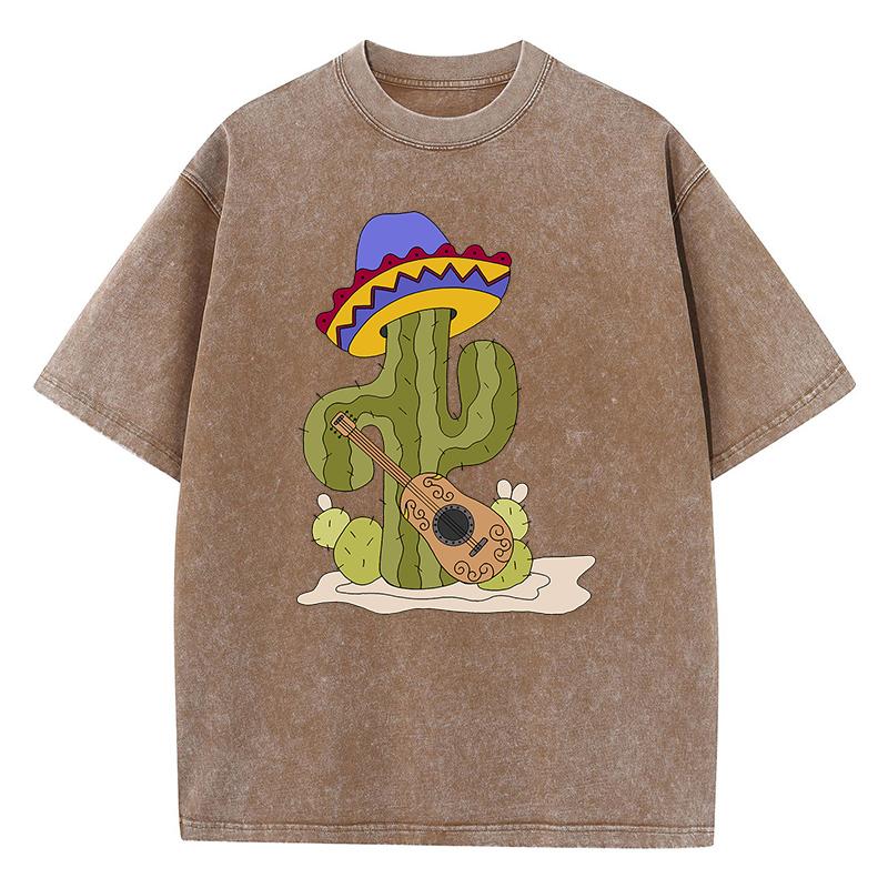 Cartoon Cactus Talking About Guitar Printed Tshirt Homme Versatile Loose Tees Aesthetic Oversized T-Shirt Tops