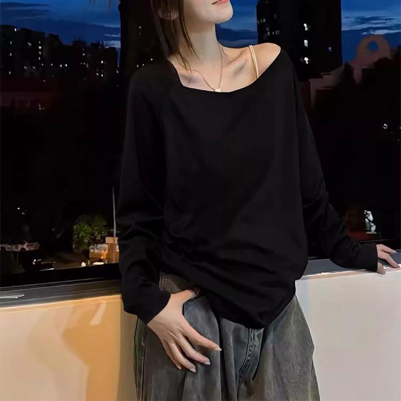 Elegant White One-Shoulder Long-Sleeve Loose-Fit Women's Autumn/Winter Top