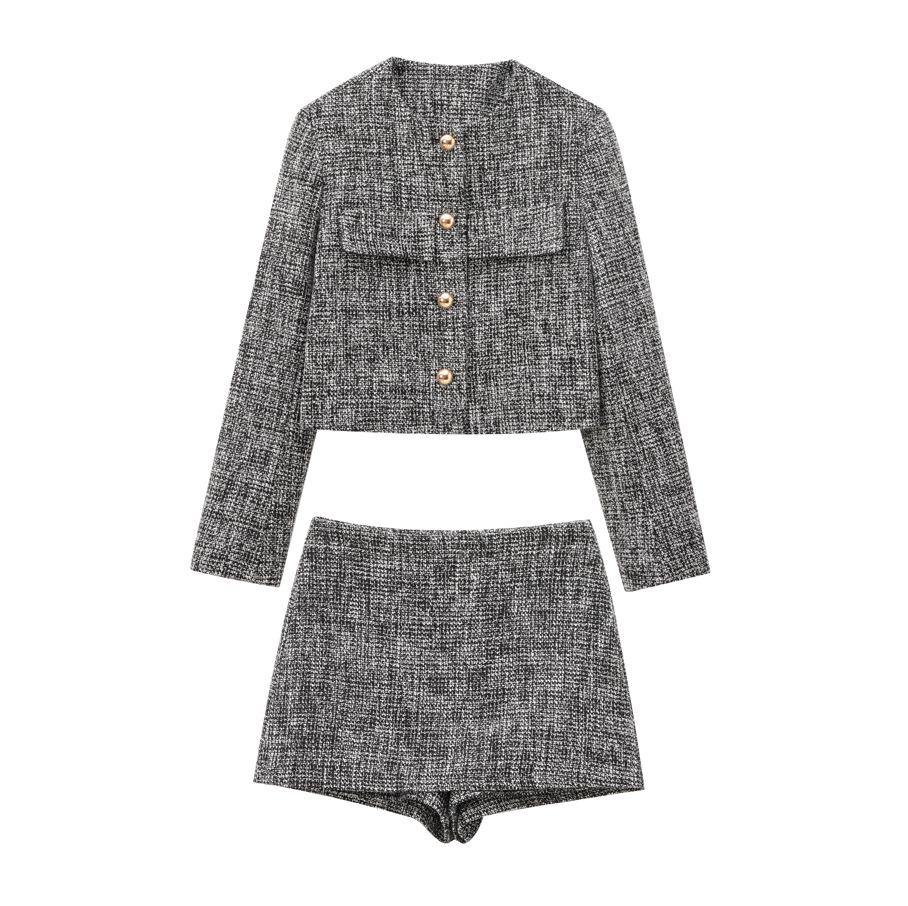 

2024 Autumn Women s European & American Textured Blazer & A-line Skirt Set M