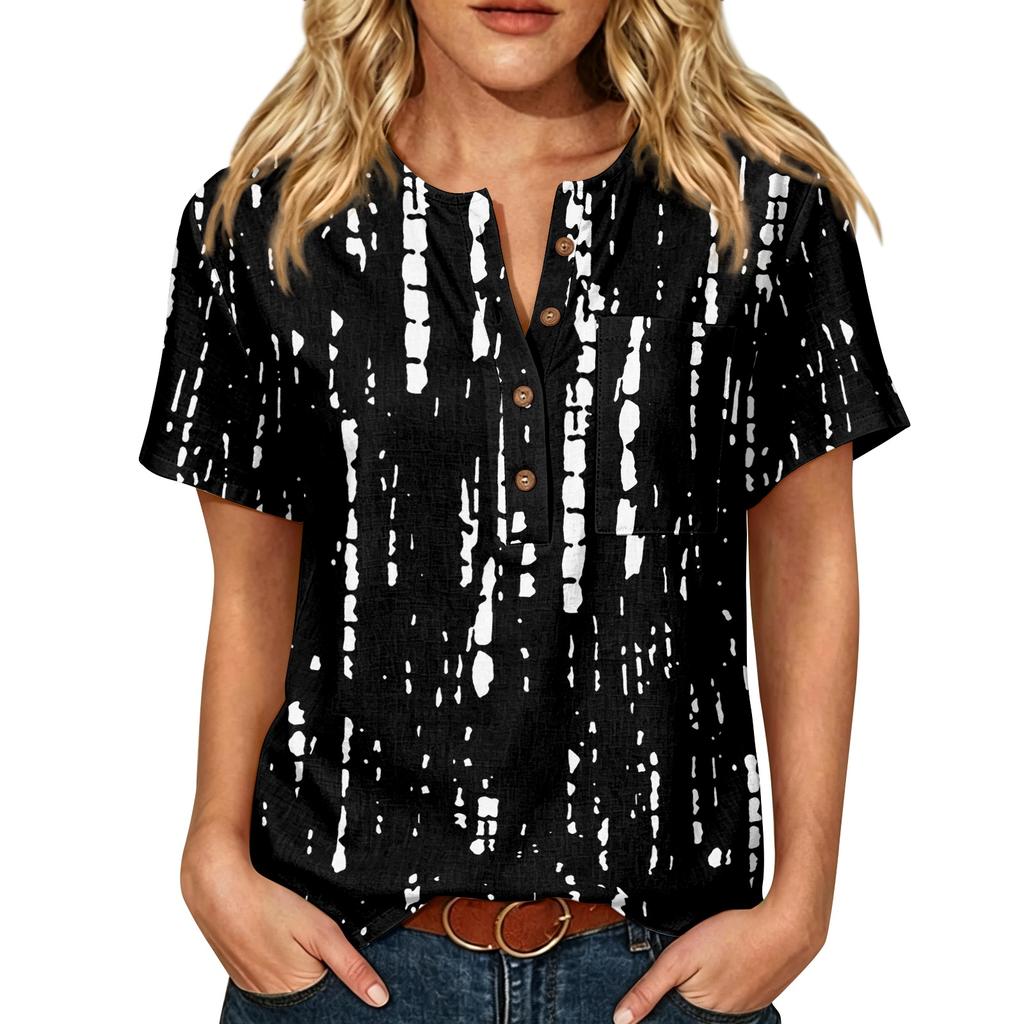 Women’s Casual Printed Henley Button Neck Short Sleeve Cotton Linen Shirt with Chest Pocket and Relaxed Fit for Everyday Wear