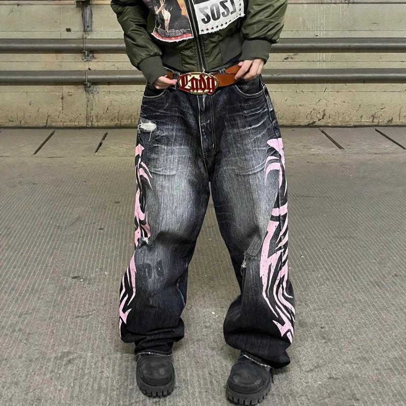 Jaded London Vintage Amerikanischer Print Gewaschene Jeans mit weitem Bein Hohe Taille Lockere Passform Damen
