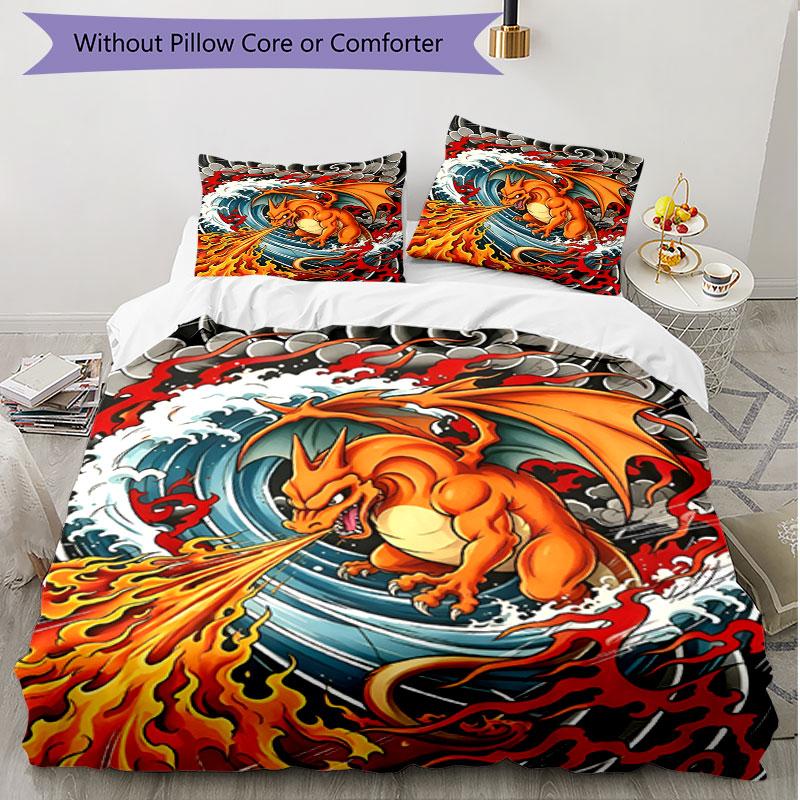 3pcs Duvet Cover Set (1*Duvet Cover + 2*Pillowcase, Without Core), Charizard VS Blastoise Print Soft All‑Season Bedding Set, Home Bedroom Decor Gift