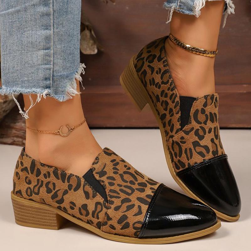Fashion Retro Leopard Low Heel Pumps for Women Plus Size Square Heel Casual Shoes Woman Slip On Pointed Toe Low Heels Shoes Female