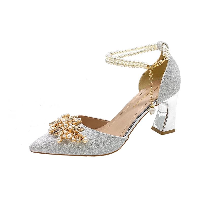 Fashion Shoes Women High Heels Women Wedding Shoes Bride Shoe Ladies Pumps Sandals Pearl Ankle Buckle Elegant Dress Women Heeled Shoes
