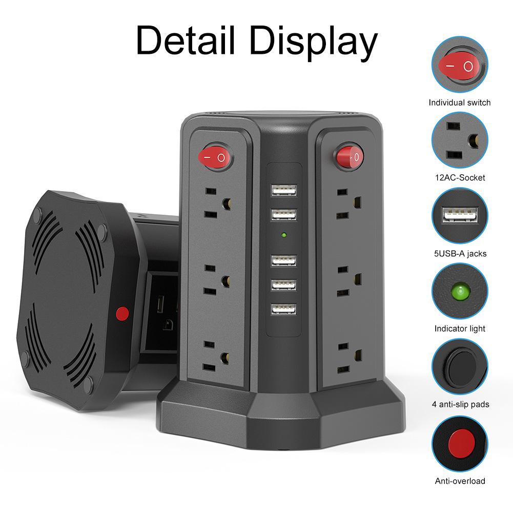 US Multi Power Strip 12 Way Outlets Sockets with 5 USB Ports 1250W 10A Universal Socket with 1.8m Extension Cord for Home Office