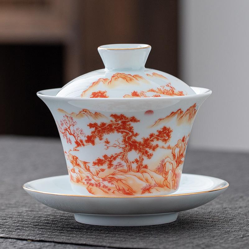 150ml Mutton Fat Jade Famille Rose Landscape Gaiwan Elegant Tea Tureen Tea Bowl With Lid Kit Tea Brewing Cover Bowl Cha Craft