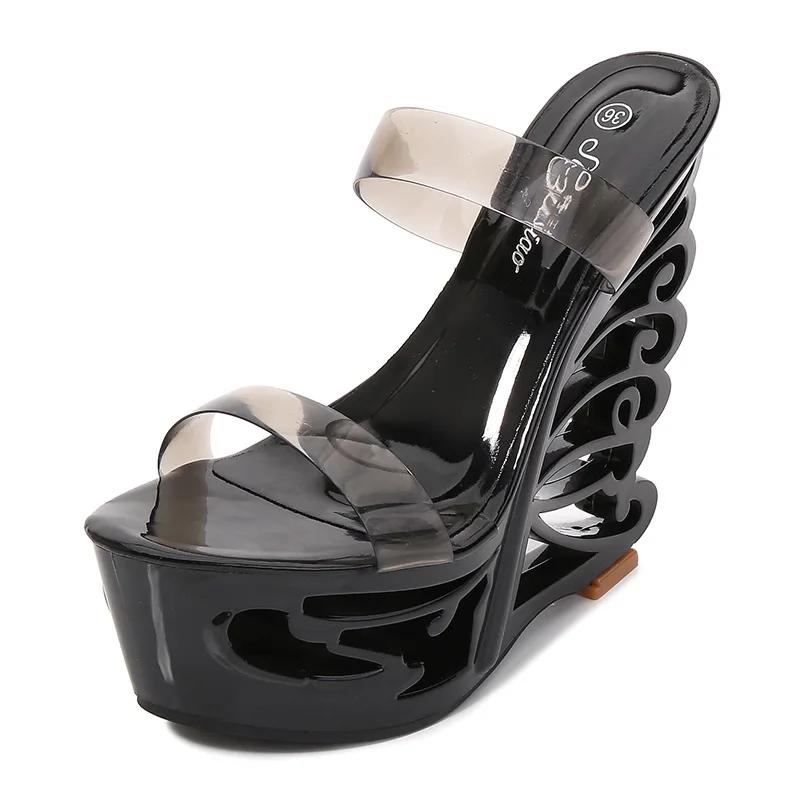 

Fashion Women Wedges Transparent Shoes PVC Slope Heel Sandal Woman Summer HOT Sexy Extra High Heel 14.5CM Shoes Female Slipper 34 чёрный