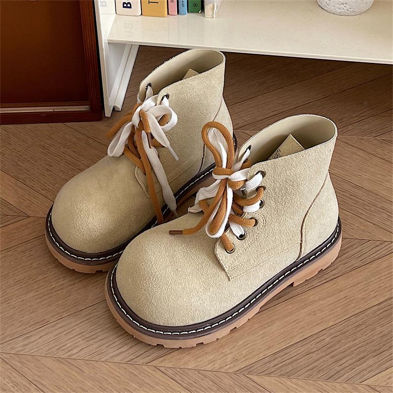 Fashion Comemore Retro Flache Stiefel für Damen Wildleder Schnürung Mode 2025 Herbstschuhe Goth Uni Chelsea Runde Zehe Damen Stiefeletten