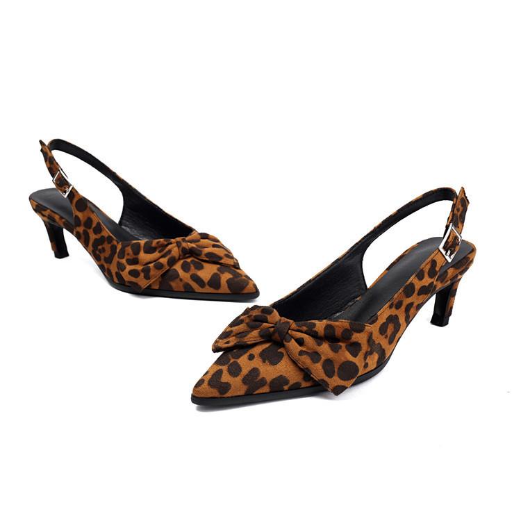 Leopard Print Pointed Sandals with Thin Heels and Bow Tie Women's Shoes 2025 New Shallow Mouth Rear Air Follow-up Shoes