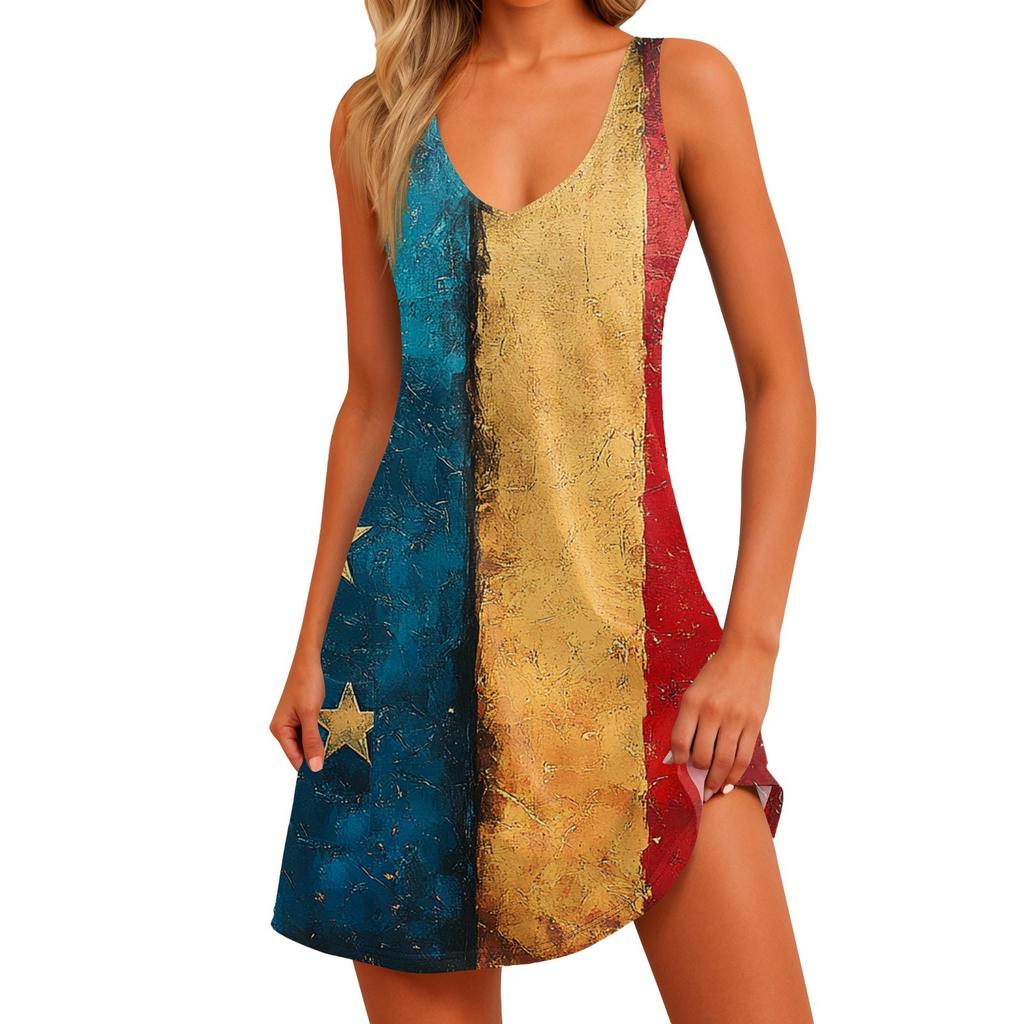 Women's Casual Print Sundress With Pockets Summer Boho Beach Dress T-Shirts Dress V Neck Loose Tank Dresses