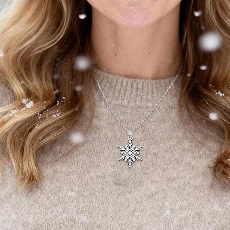 Women Silver Color Hollow Snowflake Pendant Necklace Inlaid Clear Cubic Zirconia Winter Xmas Holiday Wear Jewelry Gift earrings