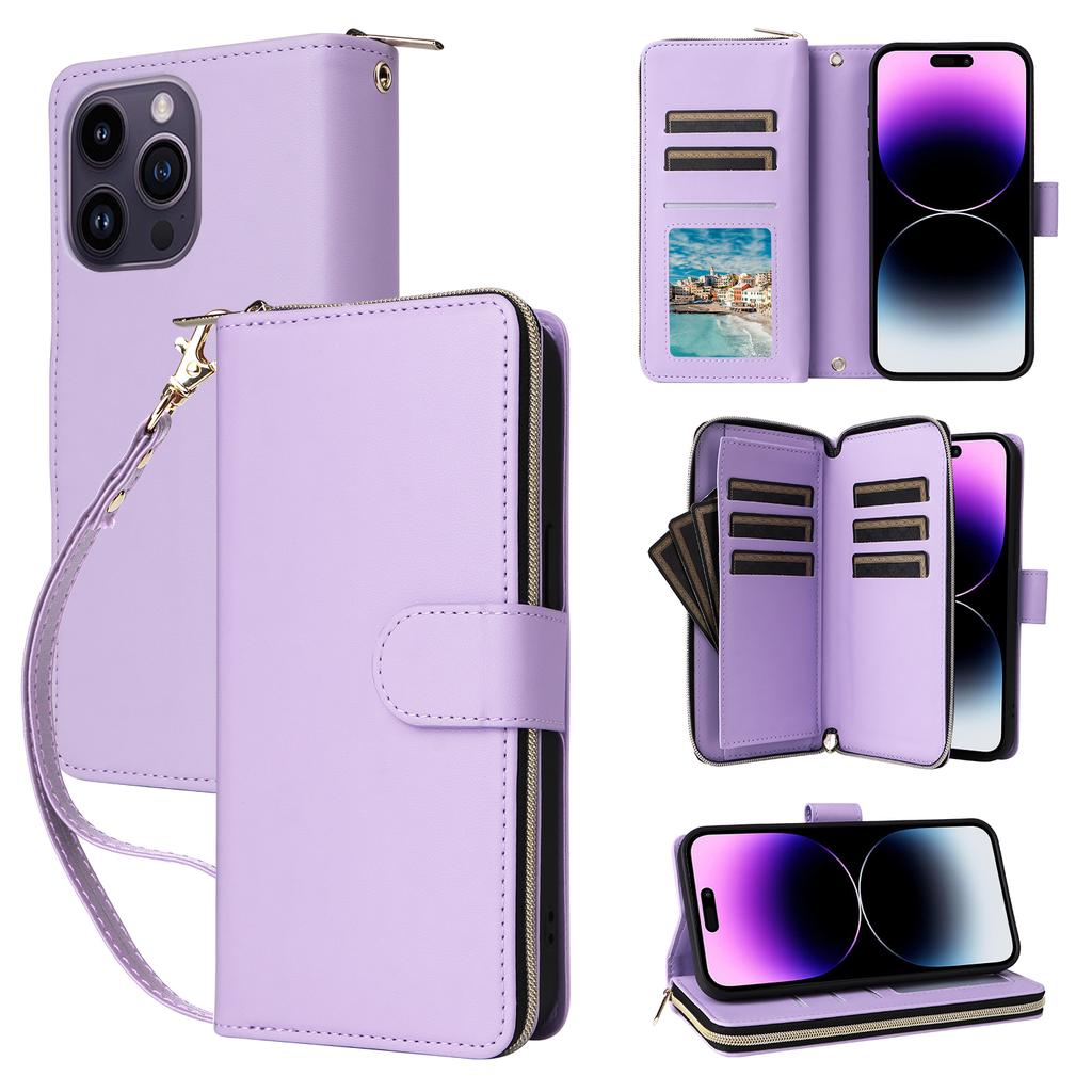 R20 For iPhone 14 Pro Case Zipper Pocket PU Leather Cover with 9 Card Slots