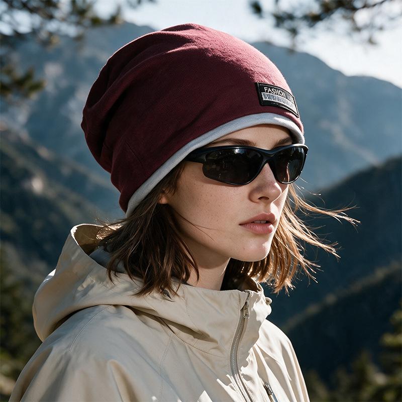 Unisex Korean-Style Double Layer Slouchy Beanie - Autumn/Winter Solid Color with Cloth Label