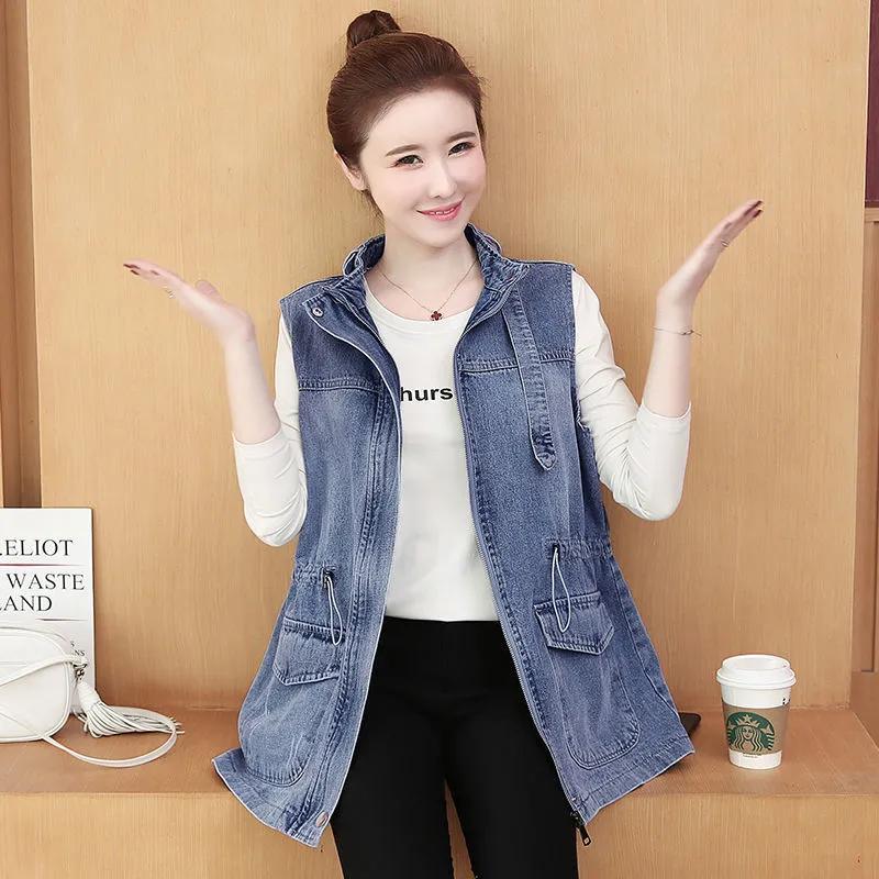 Veste Gilet en Denim Décontracté Coupe Ample pour Femmes Couleur Unie Tempérament, Vêtement d'Extérieur Mi-Long Style Rétro