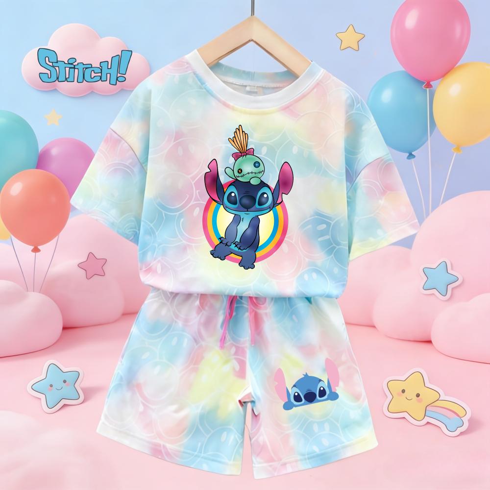 Cute Stitch Print Tie-dye Smile Tees Girl Summer pajamas Kawaii Smile Face Short Sleeve Outfits Short Sleeve T-Shirt and Shorts
