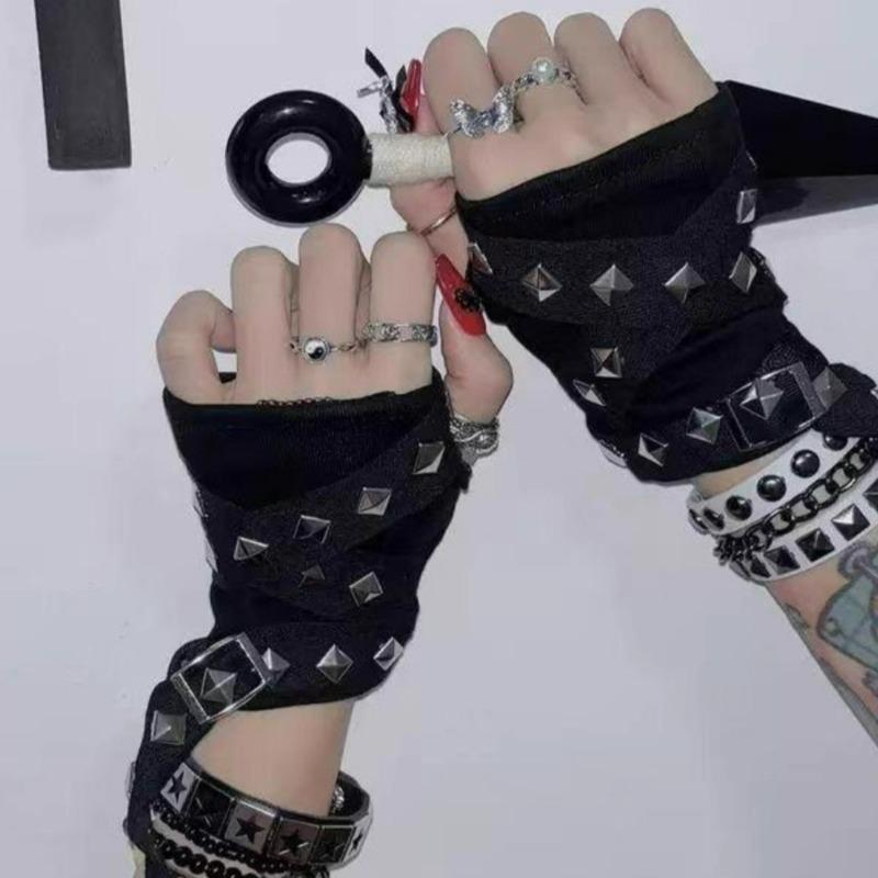 Černé nýtované řetízkové rukavice Unisex Y2K Pásek Dívčí návlek na ruku Dospívající dívky Hip Hop Návlek na paži Rukavice na řízení Příslušenství