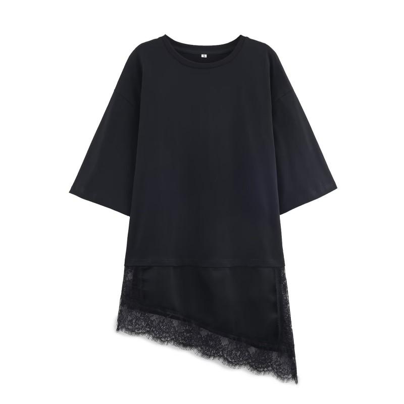 Womens Lace Patchwork T-Shirt Street Style U-Neck Mid Sleeve Long Top XS-L