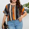 Women’s Summer Patchwork Print Shirt Round Neck Short Sleeve Front Cutout Tie T-shirt Work Vacation Casual Breathable Fashion Pullover Shirt
