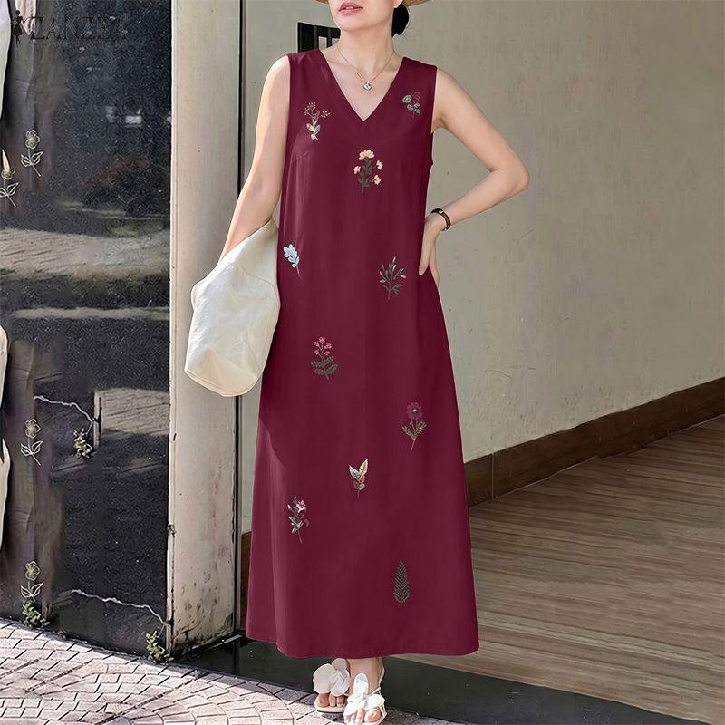 ZANZEA Women Casual V-Neck Summer Sleeveless Print Long Dress