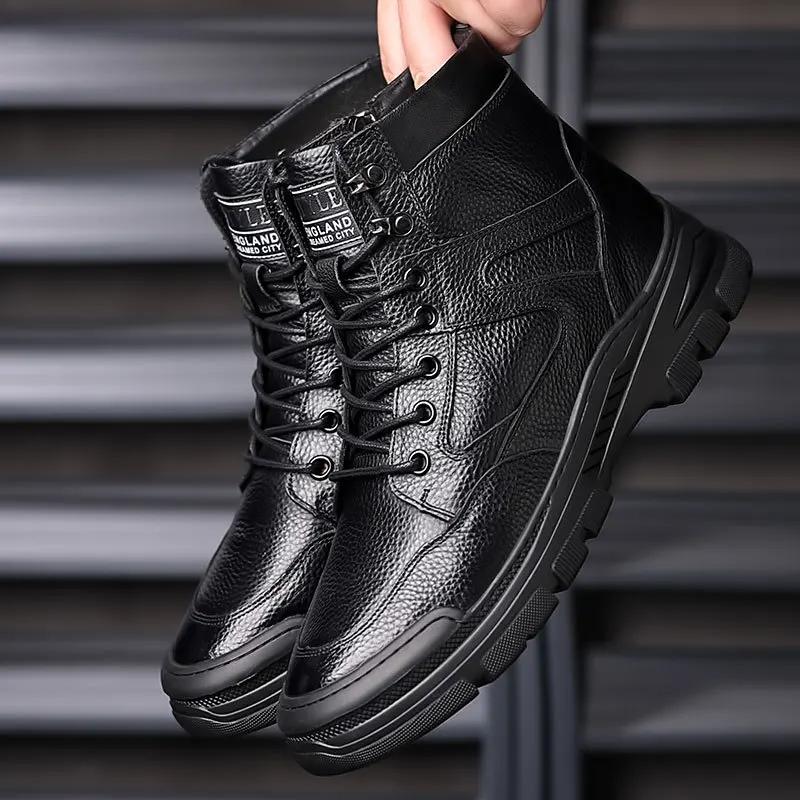 Men s Leather Boots Round Head Thick Bottom Anti Slip Lace Up High Top Shoes Fashion Business Office Walking Footwear 38 чёрный 5790₽
