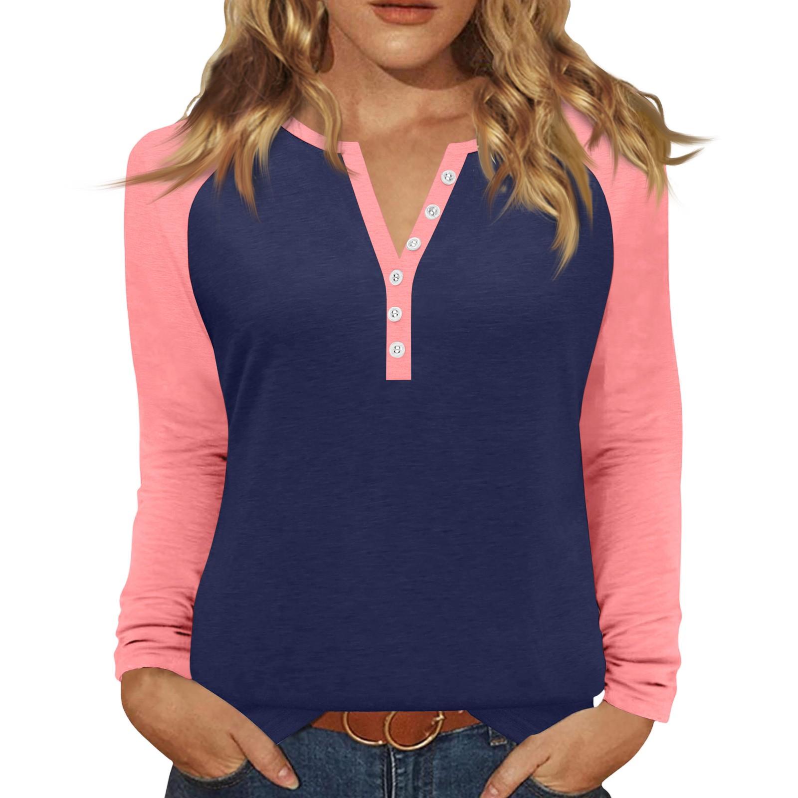 

Women s T Shirt Color Block Button Long Sleeve Daily Weekend Fashion Basic V- Neck Regular Top L Темно-синій